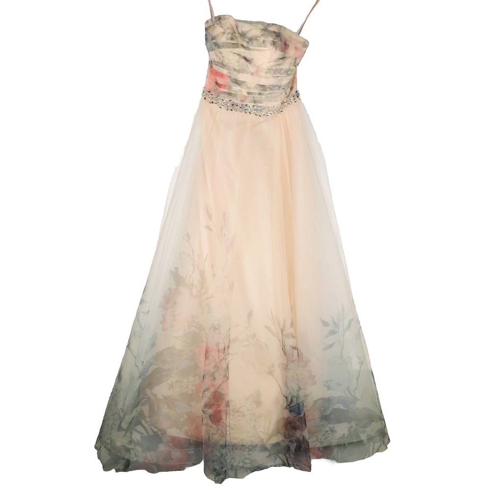 Colette Mon Cheri Floral Dress Womens 4 Pink Strapless Formal Prom Ball Gown